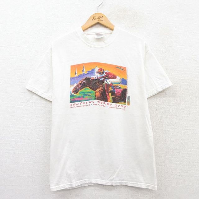M★古着 ヘインズ Hanes 半袖 ビンテージ Tシャツ メンズ 00年代 00s 競馬 コットン クルーネック 白 ホワイト 25jun02 中古