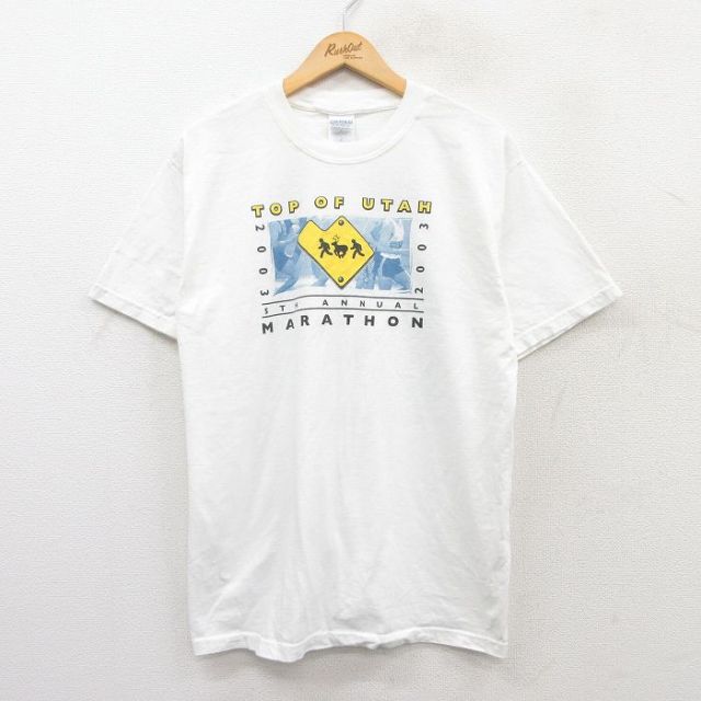 L★古着 半袖 ビンテージ Tシャツ メンズ 00年代 00s マラソン 企業広告 コットン クルーネック 白 ホワイト 25jun02 中古
