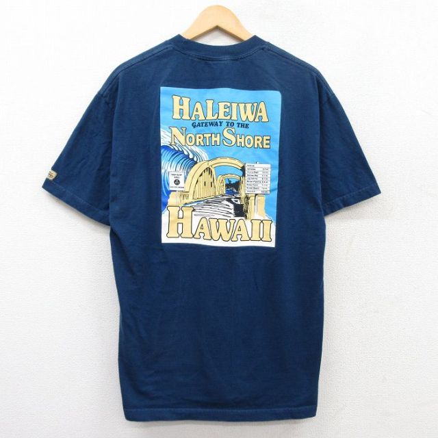 L★古着 半袖 ビンテージ Tシャツ メンズ 90年代 90s ハワイ 橋 ハレイワ コットン クルーネック USA製 紺 ネイビー 25jun02 中古