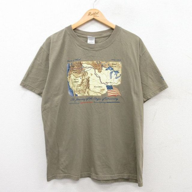 L★古着 半袖 ビンテージ Tシャツ メンズ 00年代 00s 地図 星条旗 コットン クルーネック 濃緑系 グリーン 25jun02 中古