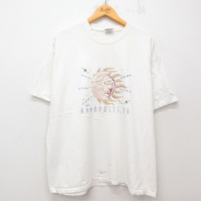 XL★古着 チャンピオン champion 半袖 ビンテージ Tシャツ メンズ 00年代 00s 月 太陽 大きいサイズ コットン クルーネック 白 ホワイト 25jun03 中古