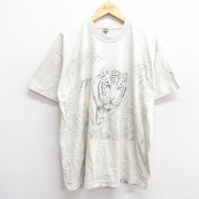 XL★古着 フルーツオブザルーム 半袖 ビンテージ Tシャツ メンズ 00年代 00s ホワイトタイガー コットン クルーネック 薄ベージュ カーキ 25jun03 中古