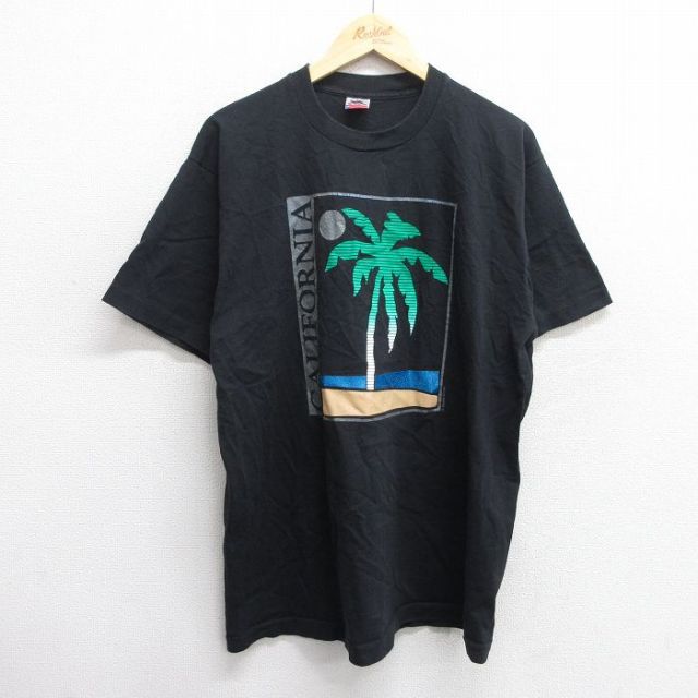 XL★古着 フルーツオブザルーム 半袖 ビンテージ Tシャツ メンズ 90年代 90s ヤシの木 カリフォルニア コットン クルーネック USA製 黒 ブラック 25jun03 中古
