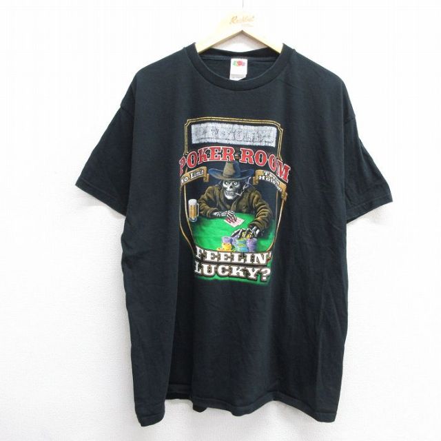XL★古着 フルーツオブザルーム 半袖 ビンテージ Tシャツ メンズ 00年代 00s スケルトン ポーカー 大きいサイズ コットン クルーネック 黒 ブラック 25jun03 中古