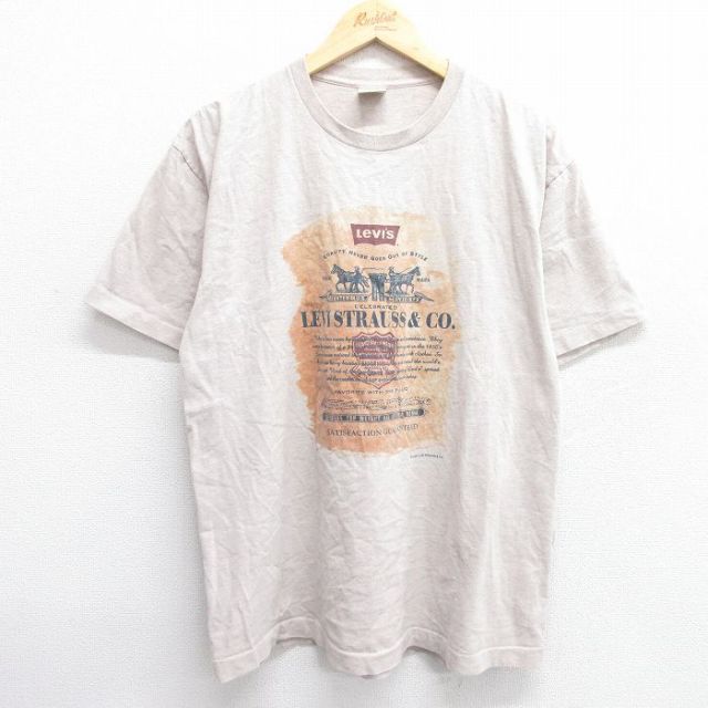 XL★古着 リーバイス Levis 半袖 ビンテージ Tシャツ メンズ 90年代 90s ビッグロゴ コットン クルーネック USA製 ベージュ カーキ 霜降り 【spe】 25jun03 中古
