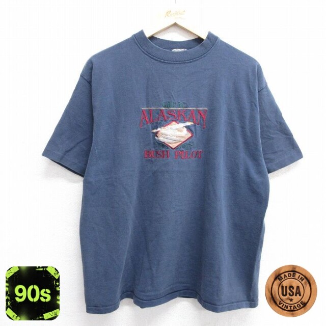 【50%OFF】90s 半袖Tシャツ アラスカブッシュパイロット刺繍 ネイビー XL | 古着