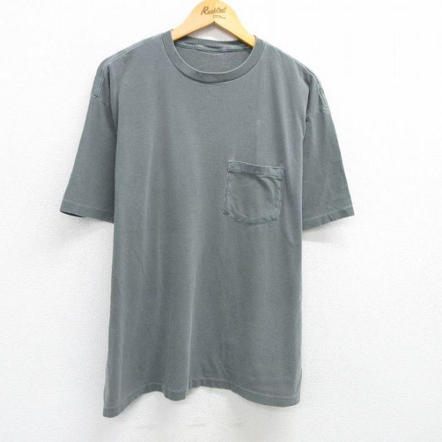【50%OFF】XL★古着 半袖 ビンテージ Tシャツ メンズ 90年代 90s 無地 胸ポケット付き クルーネック 濃緑 グリーン 25jun03 中古