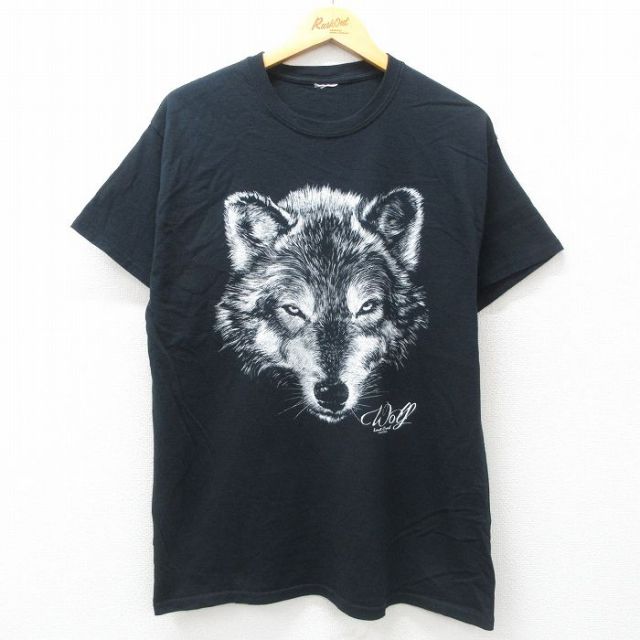 L★古着 半袖 ビンテージ Tシャツ メンズ 00年代 00s 狼 クルーネック 黒 ブラック 25jun03 中古