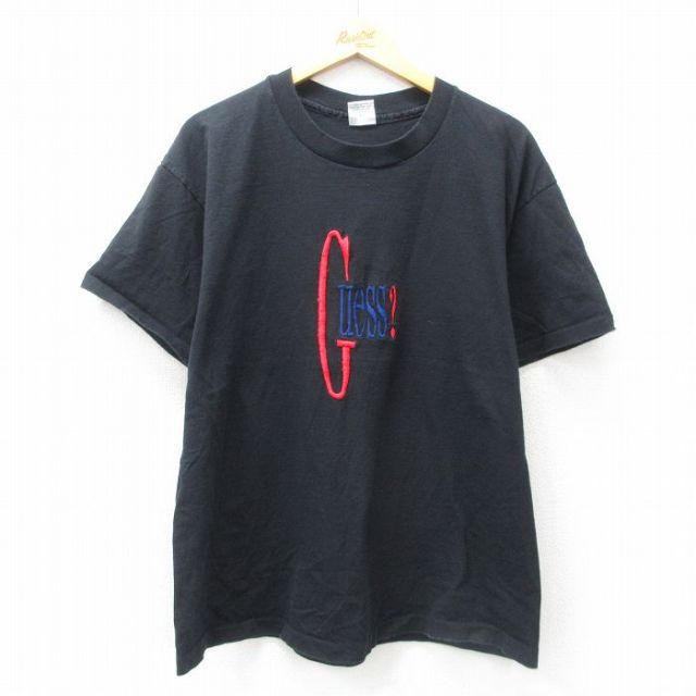 【50%OFF】ゲス 90s 半袖Tシャツ ビッグロゴ刺繍 ブラック XL | 古着