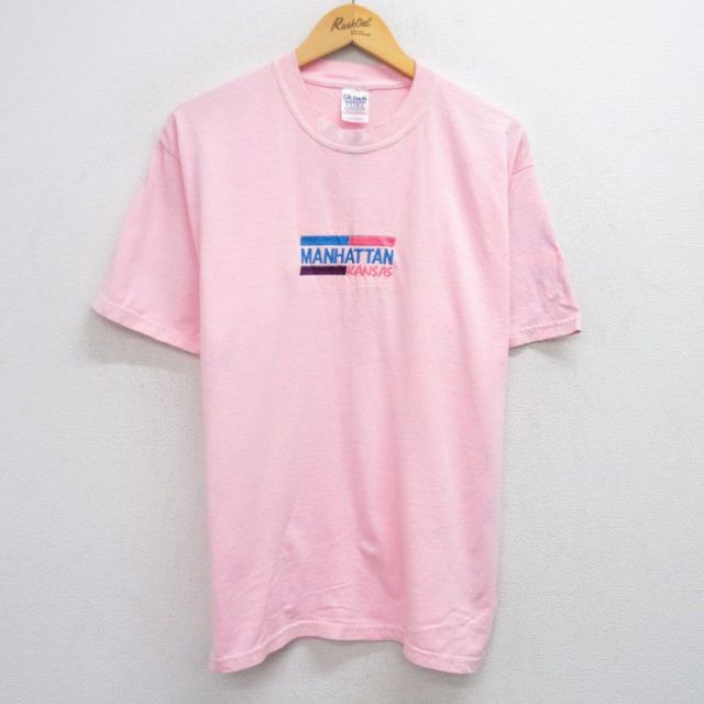L★古着 半袖 ビンテージ Tシャツ メンズ 00年代 00s マンハッタン カンザス 刺繍 コットン クルーネック ピンク 25jun04 中古