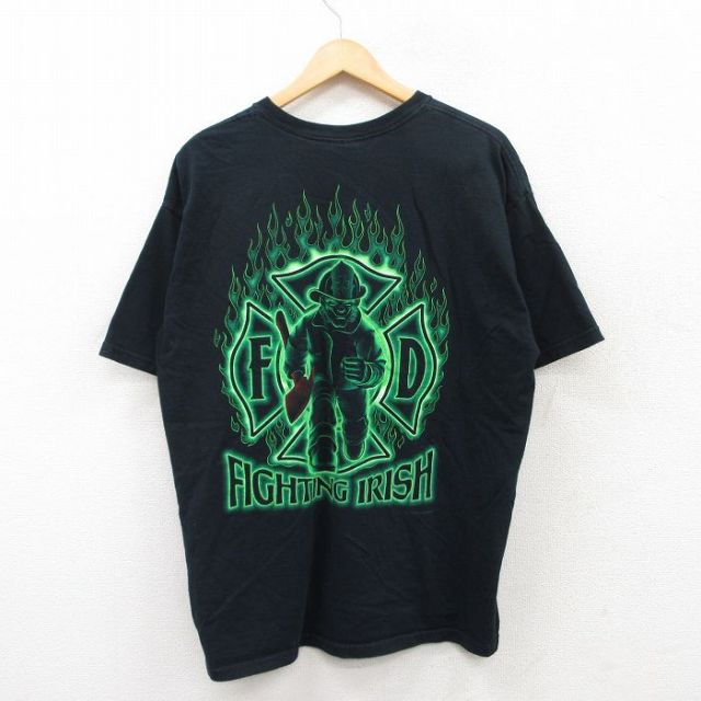 XL★古着 半袖 ビンテージ Tシャツ メンズ 00年代 00s 消防士 アイリッシュ コットン クルーネック 黒 ブラック 25jun04 中古