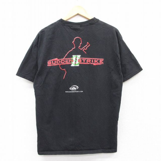 L★古着 チャンピオン champion 半袖 ビンテージ Tシャツ メンズ 00年代 00s サドンストライプ コットン クルーネック 黒 ブラック 25jun04 中古