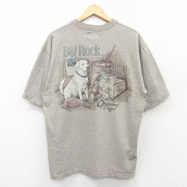 XL★古着 半袖 ビンテージ Tシャツ メンズ 90年代 90s 犬 BIGROCK クルーネック ベージュ カーキ 霜降り 25jun04 中古