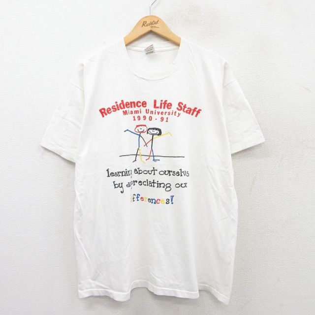 XL★古着 フルーツオブザルーム 半袖 ビンテージ Tシャツ メンズ 90年代 90s 棒人間 メッセージ コットン クルーネック USA製 白 ホワイト 25jun04 中古