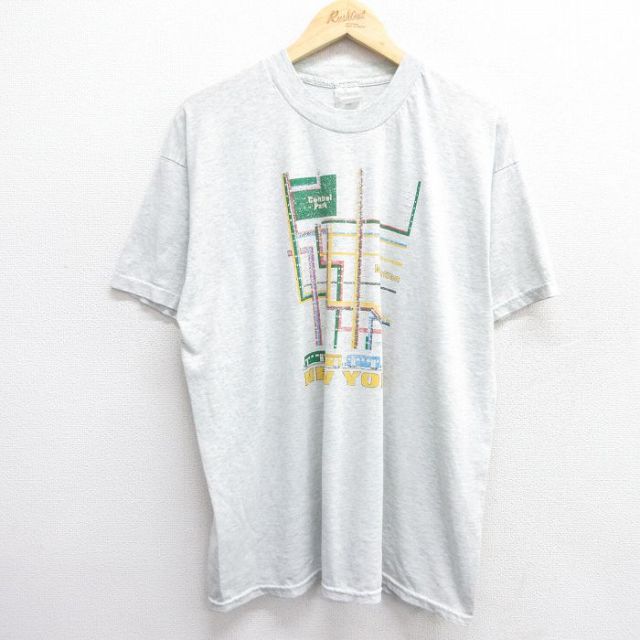 XL★古着 フルーツオブザルーム 半袖 ビンテージ Tシャツ メンズ 00年代 00s ニューヨーク 路線図 クルーネック 薄グレー 霜降り 25jun07 中古