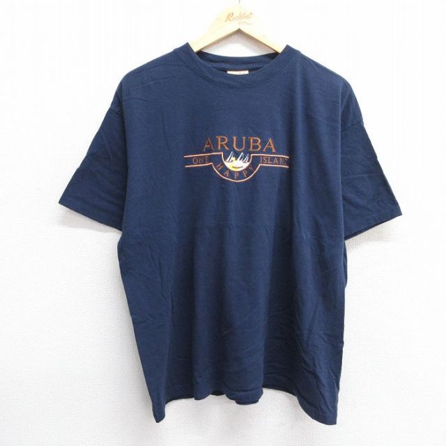 XL★古着 半袖 ビンテージ Tシャツ メンズ 00年代 00s ARUBA 刺繍 コットン クルーネック 紺 ネイビー 25jun07 中古