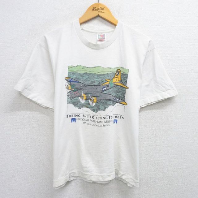 L★古着 フルーツオブザルーム 半袖 ビンテージ Tシャツ メンズ 90年代 90s 戦闘機 B-17G コットン クルーネック USA製 白 ホワイト 25jun07 中古