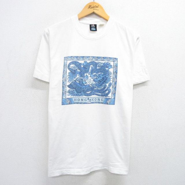 L★古着 半袖 ビンテージ Tシャツ メンズ 00年代 00s 龍 香港 コットン クルーネック 白 ホワイト 25jun07 中古