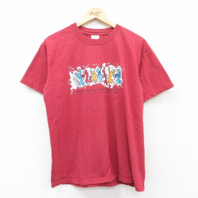 L★古着 半袖 ビンテージ Tシャツ メンズ 00年代 00s Great lakes Folk フェス コットン クルーネック 赤系 レッド 25jun13 中古