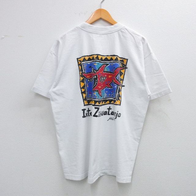 【50%OFF】XL★古着 半袖 ビンテージ Tシャツ メンズ 90年代 90s サメ 大きいサイズ コットン クルーネック 白 ホワイト 25jul05 中古