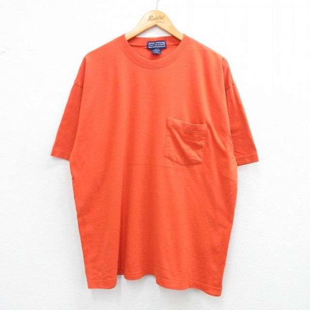 XL★古着 半袖 ビンテージ Tシャツ メンズ 00年代 00s 無地 胸ポケット付き 大きいサイズ コットン クルーネック オレンジ 25jul05 中古