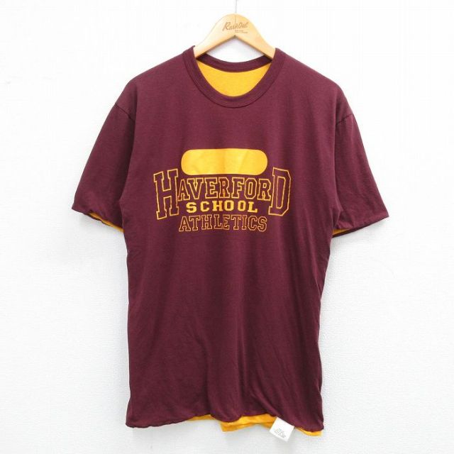 L★古着 半袖 ビンテージ Tシャツ メンズ 90年代 90s ハバフォード スクール リバーシブル クルーネック USA製 エンジ他 25jul05 中古