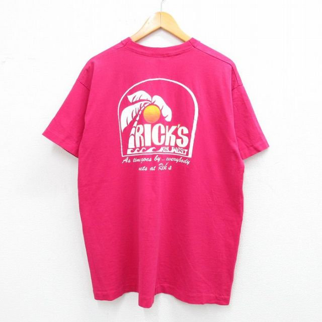 XL★古着 フルーツオブザルーム 半袖 ビンテージ Tシャツ メンズ 90年代 90s ヤシの木 RICKS コットン クルーネック USA製 濃ピンク 25jul05 中古