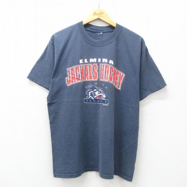 【50%OFF】M★古着 半袖 ビンテージ Tシャツ メンズ 00年代 00s エルマイラジャックス ホッケー ラメ クルーネック 濃グレー 25jul07 中古