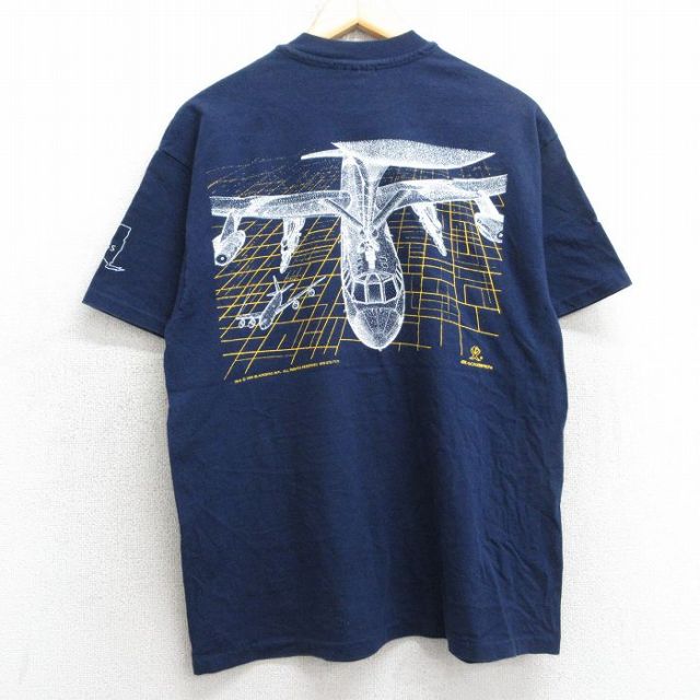 L★古着 ヘインズ Hanes 半袖 ビンテージ Tシャツ メンズ 90年代 90s 飛行機 グリフィス コットン クルーネック USA製 紺 ネイビー 【spe】 25jul08 中古