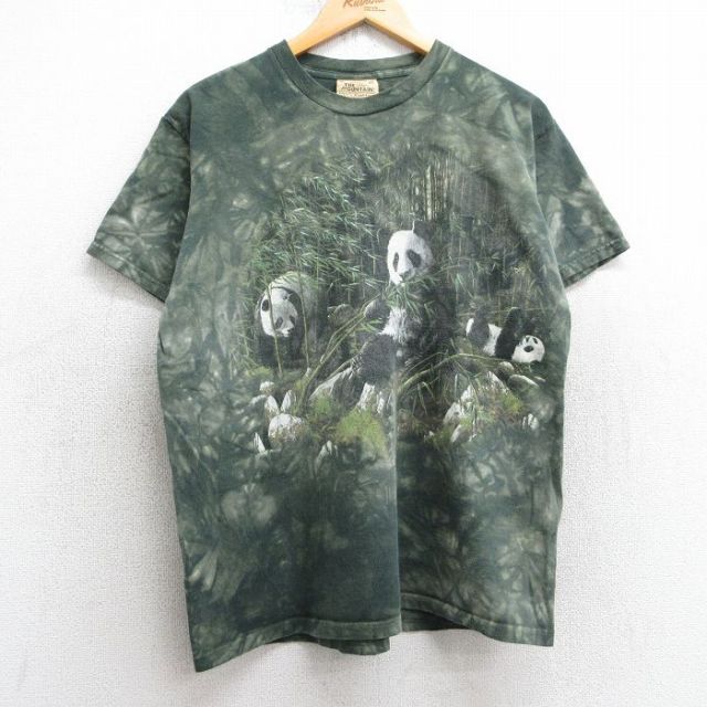 L★古着 半袖 ビンテージ Tシャツ メンズ 00年代 00s パンダ コットン クルーネック 濃緑 グリーン タイダイ 25jul09 中古