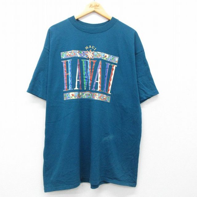 XL★古着 半袖 ビンテージ Tシャツ メンズ 90年代 90s ハワイ 大きいサイズ ロング丈 コットン クルーネック USA製 青系 ブルー 25jul09 中古