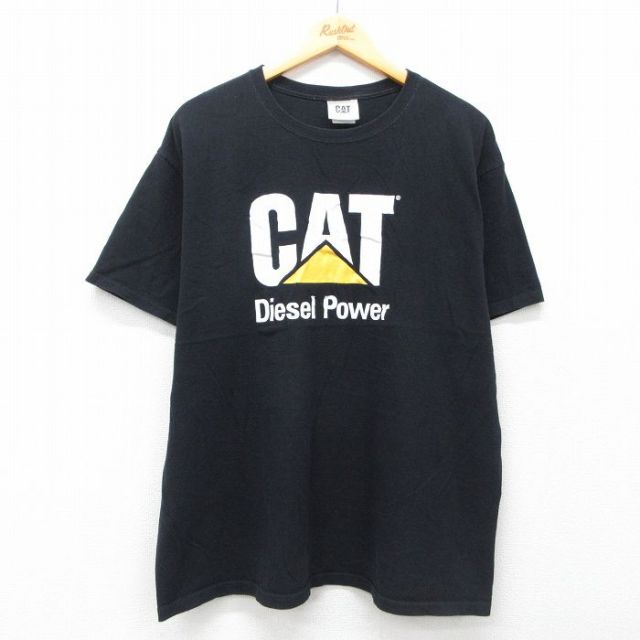 XL★古着 半袖 Tシャツ メンズ CAT 大きいサイズ コットン クルーネック 黒 ブラック 25jul09 中古