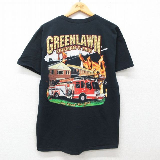 L★古着 半袖 ビンテージ Tシャツ メンズ 00年代 00s 消防車 グリーンローン コットン クルーネック 黒 ブラック 25jul09 中古