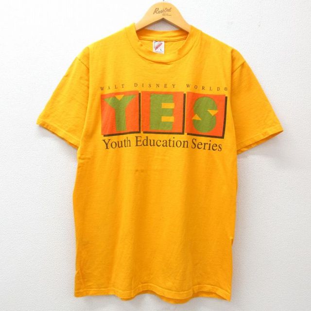 【50%OFF】L★古着 ジャージーズ 半袖 ビンテージ Tシャツ メンズ 90年代 90s ディズニー DISNEY YES コットン クルーネック USA製 黄 イエロー 25jul09 中古