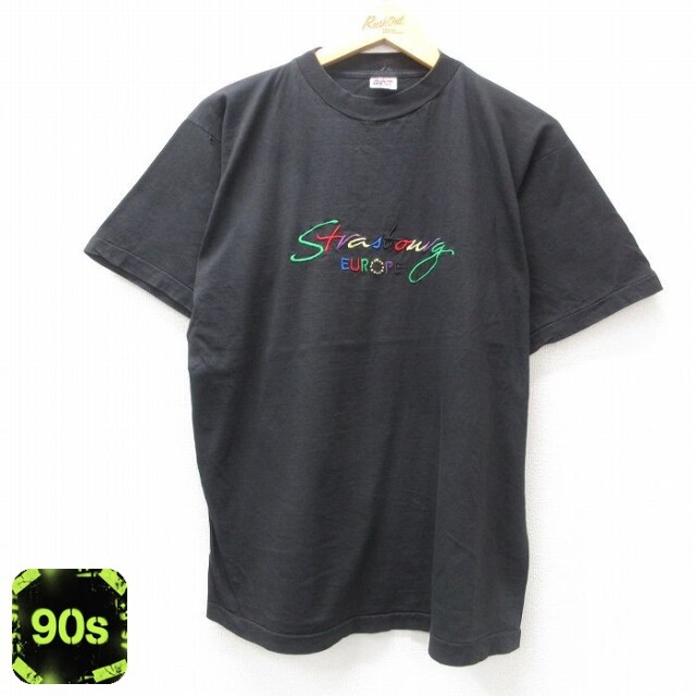 【50%OFF】90s 半袖Tシャツ ストラスブール 刺繍 ブラック L | 古着