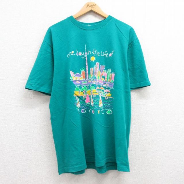 XL★古着 半袖 ビンテージ Tシャツ メンズ 90年代 90s トロント ビル ヨット コットン クルーネック 青緑 25jul10 中古