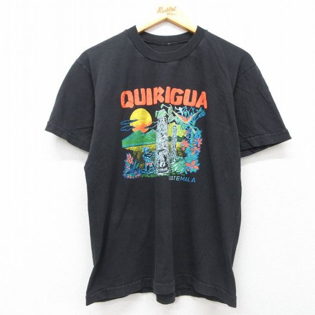 M★古着 半袖 ビンテージ Tシャツ メンズ 90年代 90s QUIRIGUA クルーネック 黒 ブラック 25jul11 中古