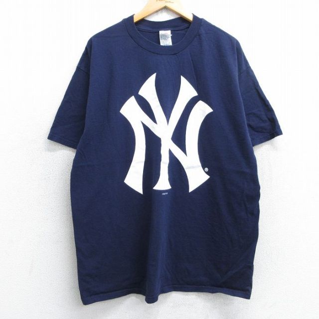 XL★古着 半袖 ビンテージ Tシャツ メンズ 00年代 00s MLB ニューヨークヤンキース 大きいサイズ コットン クルーネック 紺 ネイビー メジャーリーグ ベースボール 野球 25jul11 中古