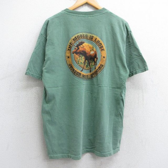 L★古着 半袖 ビンテージ Tシャツ メンズ 00年代 00s シカ コットン クルーネック 緑 グリーン 25jul11 中古