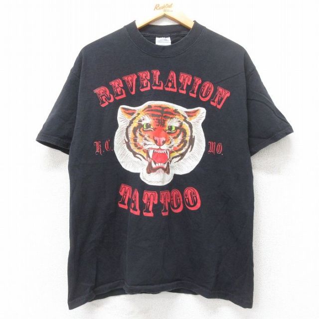 L★古着 半袖 ビンテージ Tシャツ メンズ 00年代 00s トラ タトゥー コットン クルーネック 黒 ブラック 25jul11 中古
