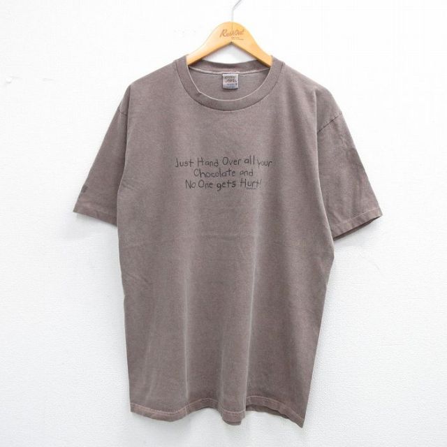 L★古着 crazy shirts 半袖 ビンテージ Tシャツ メンズ 90年代 90s メッセージ コットン クルーネック 茶系 ブラウン 25jul12 中古