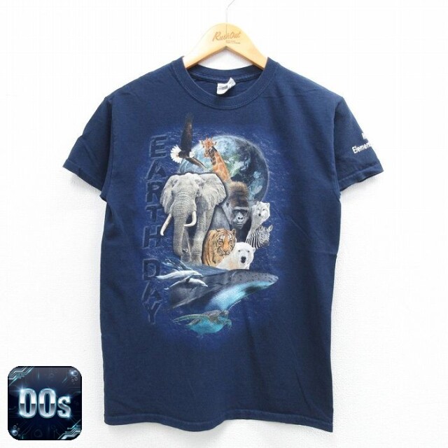 【50%OFF】00s 半袖Tシャツ ゾウ キリン 地球 ネイビー S | 古着