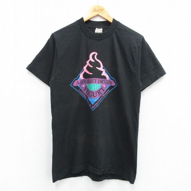M★古着 フルーツオブザルーム 半袖 ビンテージ Tシャツ メンズ 80年代 80s ハーゲンダッツ ヨーグルト コットン クルーネック USA製 黒 ブラック 【spe】 25jul12 中古