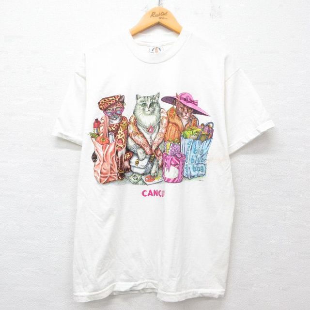 XL★古着 半袖 ビンテージ Tシャツ メンズ 90年代 90s ネコ コットン クルーネック USA製 白 ホワイト 25jul12 中古