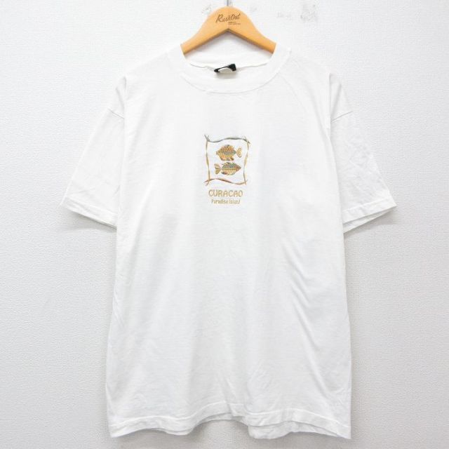 XL★古着 半袖 ビンテージ Tシャツ メンズ 90年代 90s 魚 CURACAO 刺繍 コットン クルーネック USA製 白 ホワイト 25jul12 中古