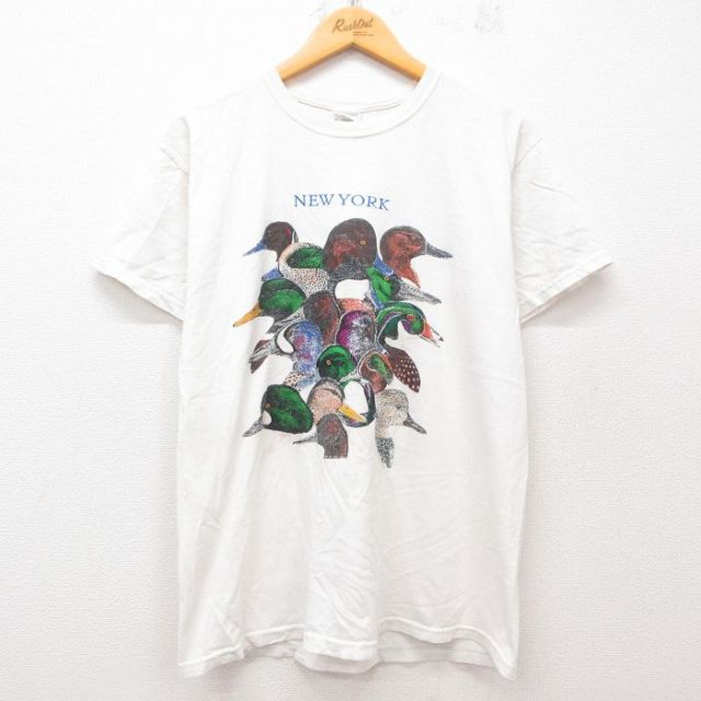 L★古着 半袖 ビンテージ Tシャツ メンズ 00年代 00s ニューヨーク 鳥 コットン クルーネック 白 ホワイト 25jul12 中古