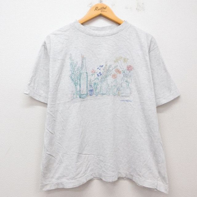 XL★古着 半袖 ビンテージ Tシャツ メンズ 90年代 90s 花 クルーネック 薄グレー 霜降り 【spe】 25jul12 中古