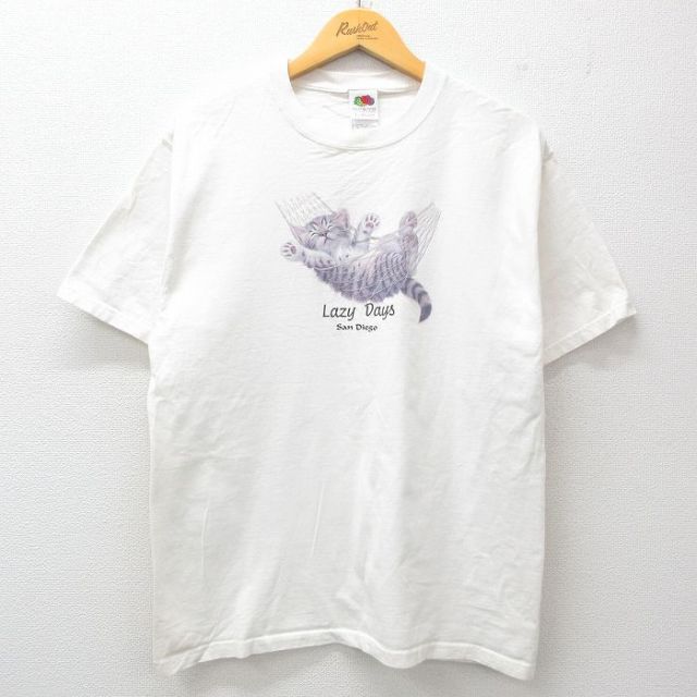 L★古着 フルーツオブザルーム 半袖 ビンテージ Tシャツ メンズ 00年代 00s ネコ コットン クルーネック 白 ホワイト 25jul15 中古