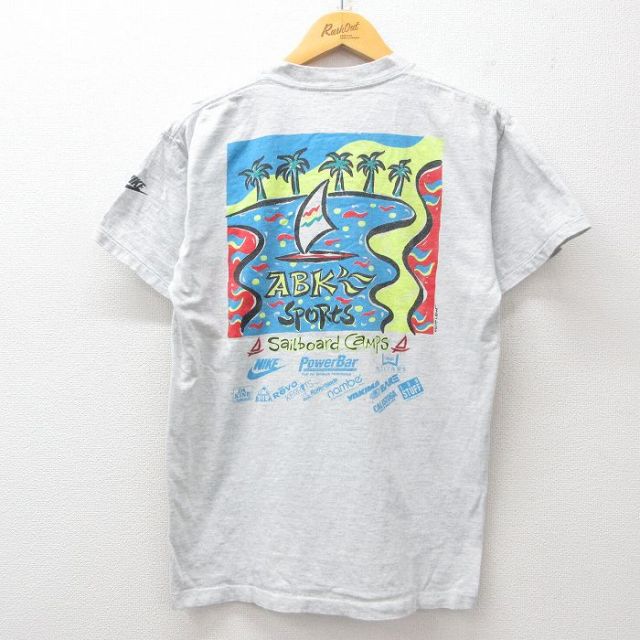 M★古着 ナイキ NIKE 半袖 ビンテージ Tシャツ メンズ 90年代 90s ヨット ビーチ 企業広告 コットン クルーネック USA製 薄グレー 霜降り 25jul16 中古