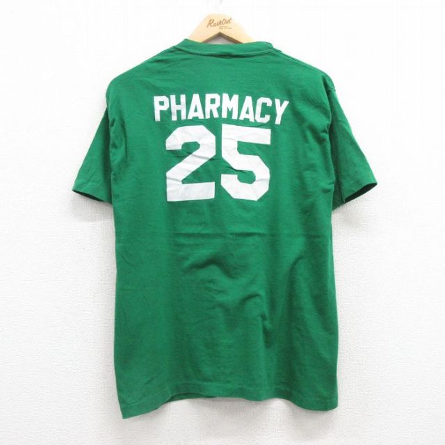 L★古着 半袖 ビンテージ Tシャツ メンズ 80年代 80s PHARMACY 25 フロッキープリント クルーネック 緑 グリーン 25jul16 中古
